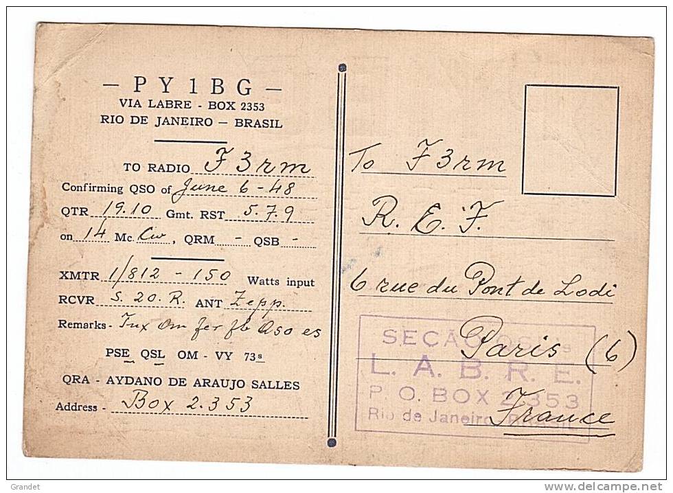 CARTE RADIO QSL - BRESIL - RIO DE JANEIRO - 1948. - Radio Amateur