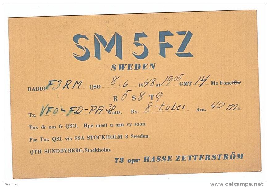 CARTE - RADIO -  QSL - SUEDE - HASSE ZETTERSTROM - 1948. - Radio Amateur