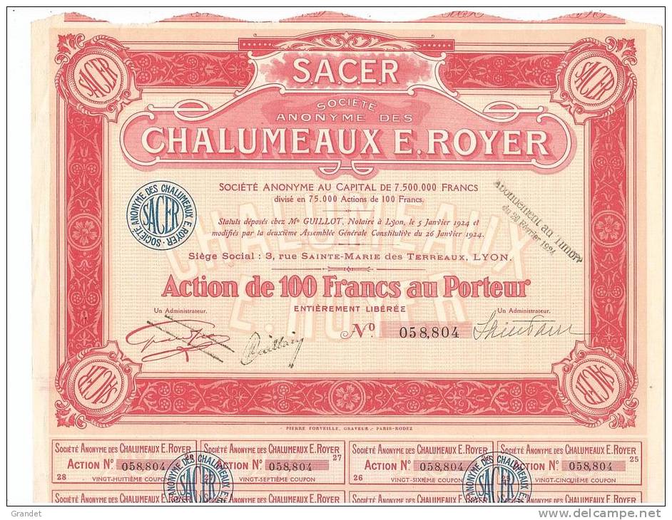 ACTION - CHALUMEAUX  E.ROYER - S.A.C.E.R.- LYON-1924. - Industrie