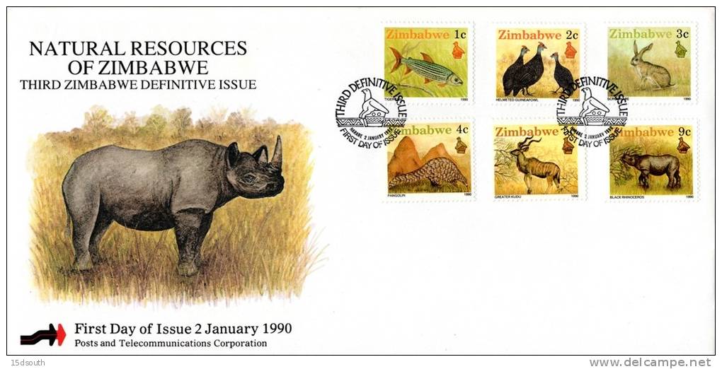 Zimbabwe - 1990 Definitive Natural Resources Wildlife FDC # SG 768-773 , Mi 418-423 - Rhinoceros