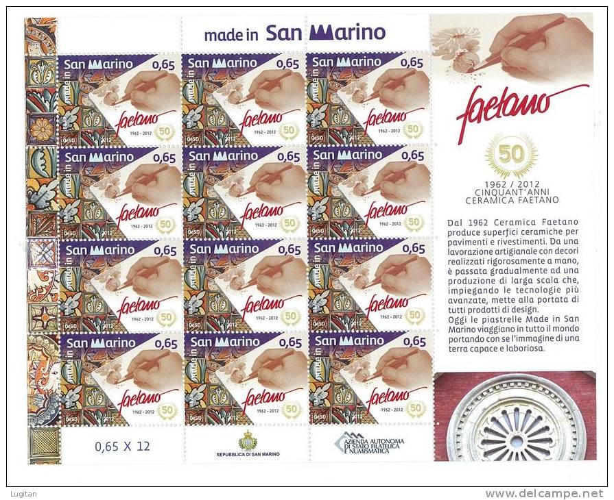 FILATELIA - MINIFOGLIO DI 12 VALORI - CINQUANT'ANNI CERAMICA FAETANO - MADE IN SAN MARINO - ANNO 2012 - MINISHEET - Unused Stamps