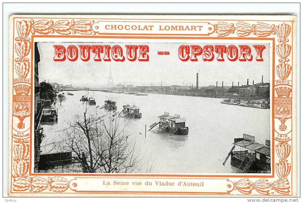 75015 - PARIS - PUBLICITE CHOCOLAT LOMBART Inondations De 1910 - La Seine Du Viaduc D'auteuil Bateaux Lavoir - Dos Scané - District 15