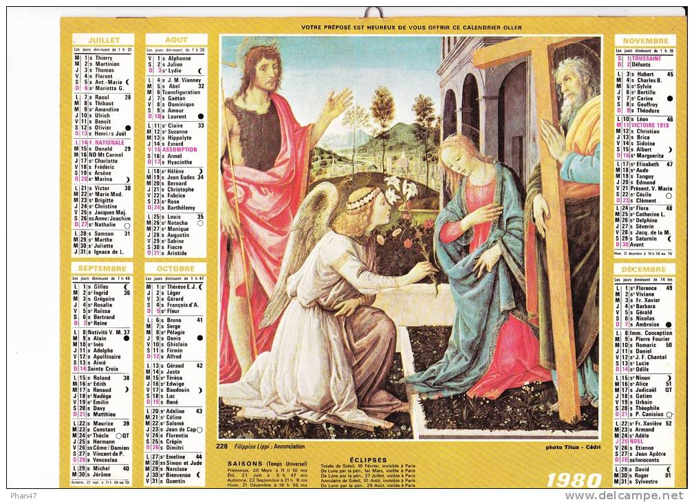 Almanach Des PTT 1980  "Vierge Adorant Son Fils (Filippo Lippi) / Annonciation (Filippino Lippi)"  Tableaux,OLLER - Big : 1971-80