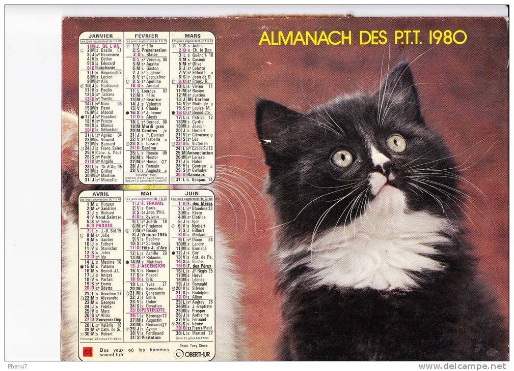 Almanach Des PTT 1980  "chat / Petite Fille Et Chaton" OBERTHUR - Grand Format : 1971-80