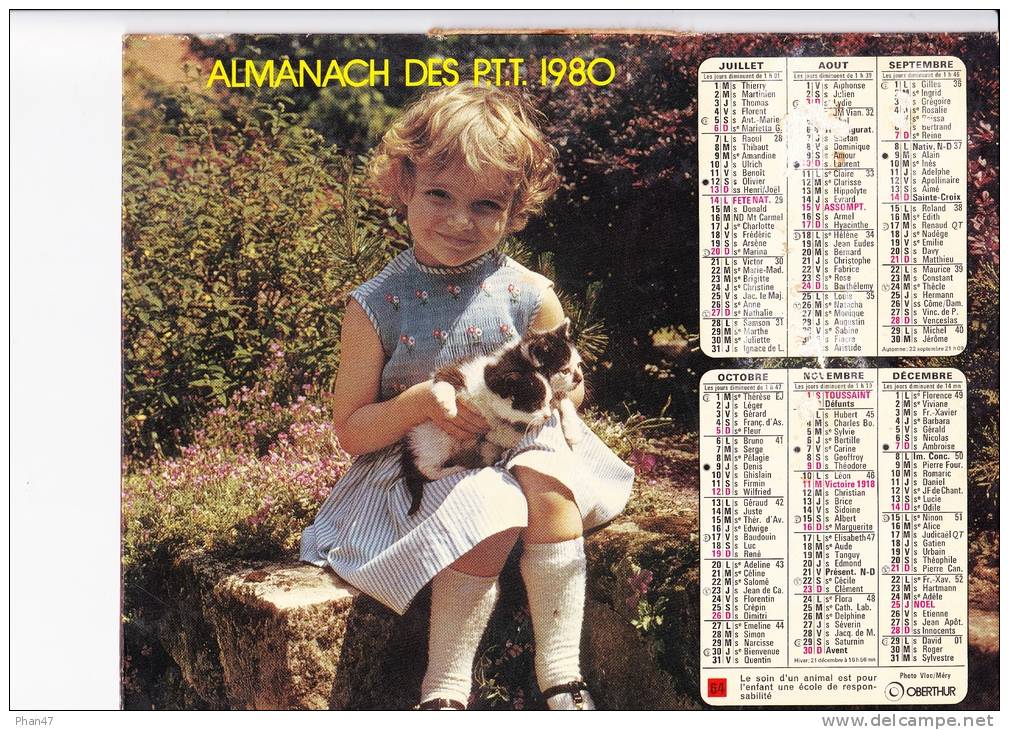 Almanach Des PTT 1980  "chat / Petite Fille Et Chaton" OBERTHUR - Grand Format : 1971-80