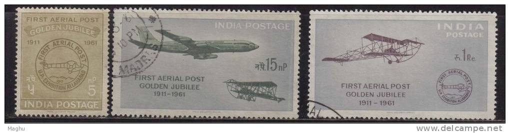 India Used 1961, Set Of 3, Aerial Post, Airplanes, Airmail Annv., Allahabad To Naini - Gebraucht