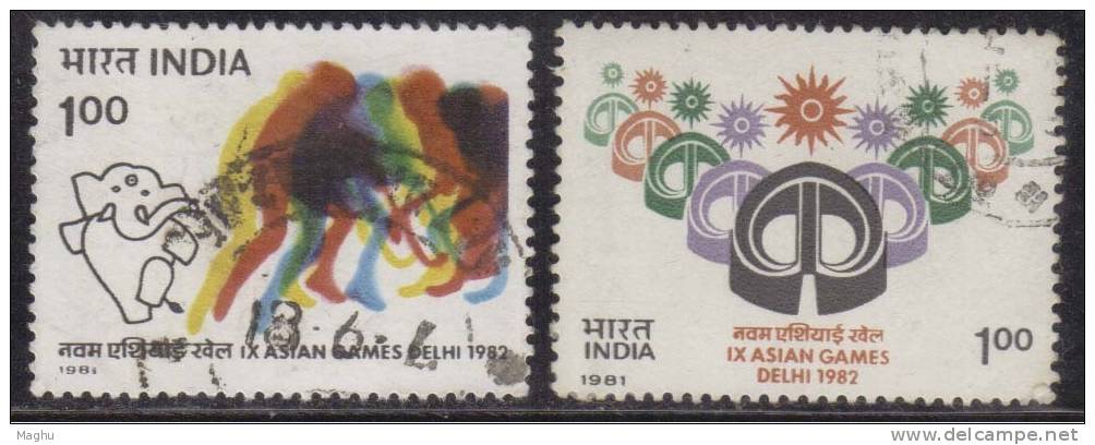 India 1981 Used, Set Of 2, Asian Games Sport, Hockey Player, Mascot APPU, Elephant, Jantar Mantar Observatory, Astronomy - Gebruikt