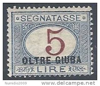 1925 OLTRE GIUBA SEGNATASSE 5 LIRE MH * - RR10568 - Oltre Giuba