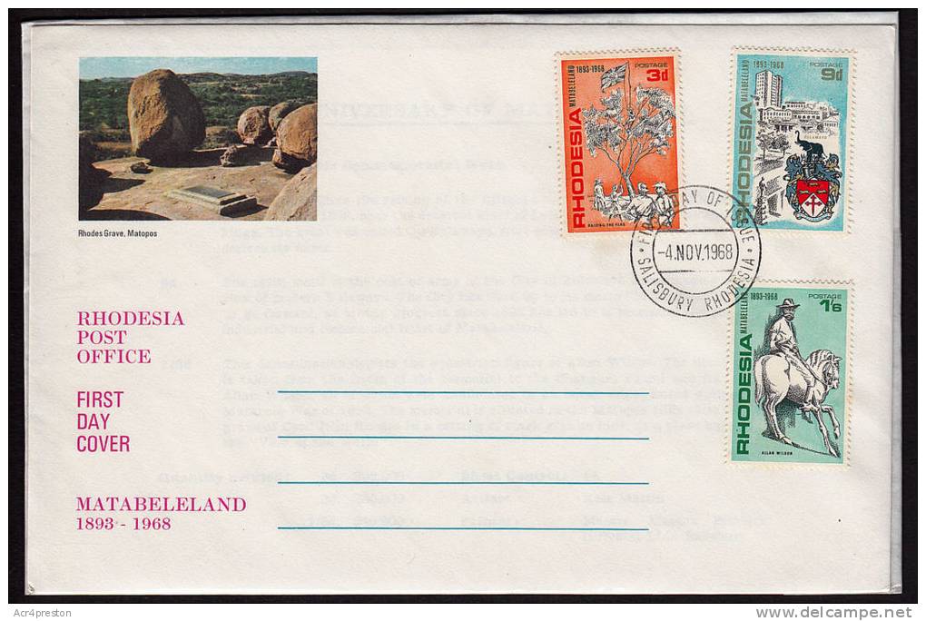 Zw0427f  Rhodesia 1968, SG427-429  75th Anniv Matabeleland FDC - Rhodesien (1964-1980)