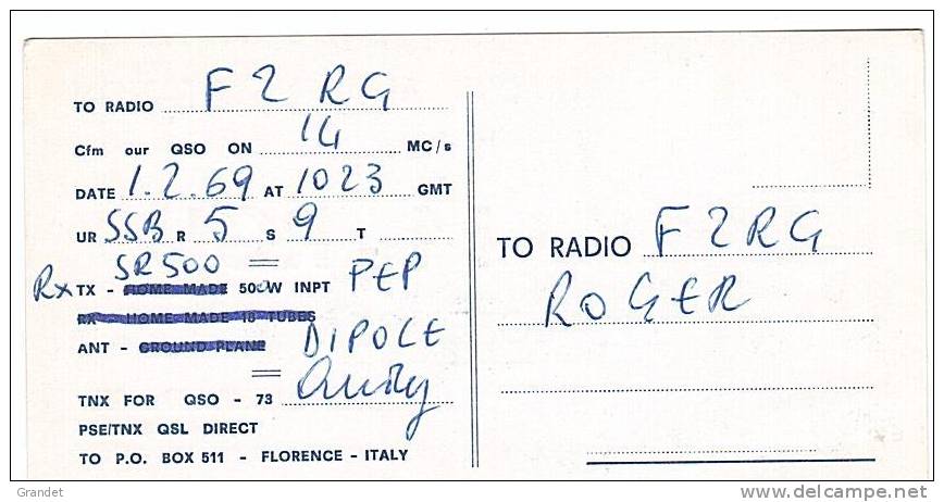 CARTE RADIO QSL - FLORENCE - ITALIE - 1969. - Radio Amateur