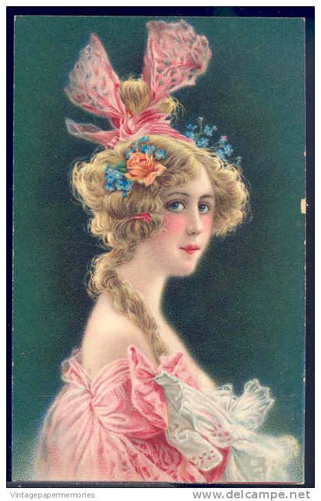 179506-Beautiful Woman, Gibson Art Co, Flowers, Ribbon, Dress, Unknown Artist, Litho - 1900-1949