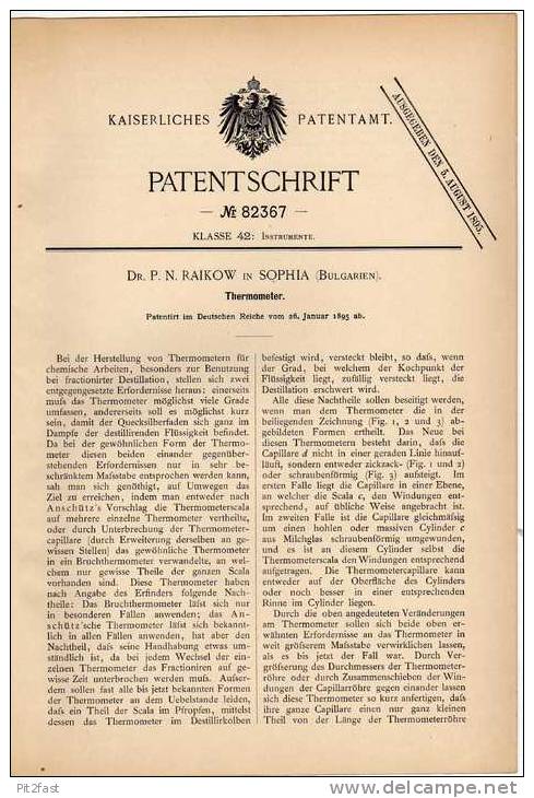 Original Patentschrift - Dr. Raikow In Sophia , 1895 , Thermometer !!! - Techniek & Instrumenten