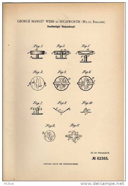 Original Patentschrift - G. Webb In Highworth , England , 1895 , Knopf , Manschetten , Knöpfe  !!! - Buttons