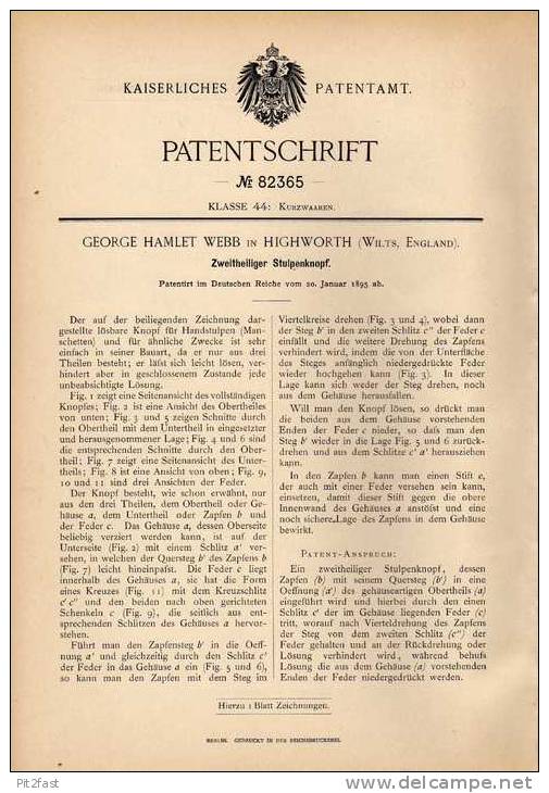 Original Patentschrift - G. Webb In Highworth , England , 1895 , Knopf , Manschetten , Knöpfe  !!! - Knöpfe