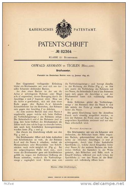 Original Patentschrift - O. Assmann In Tegelen , 1895 , Briefsammler , Post , Brief  !!! - Macchine