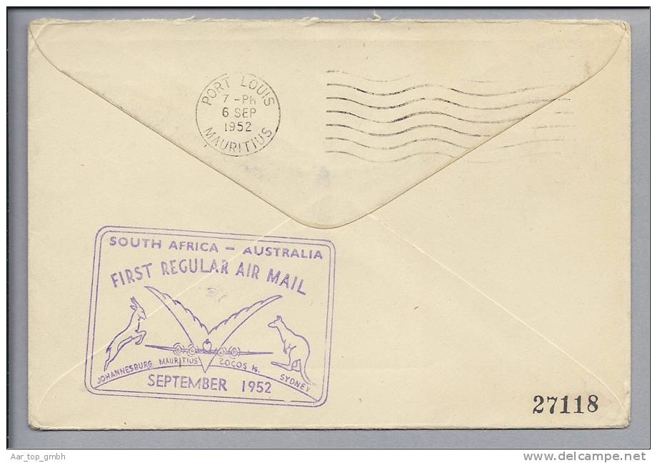 AFRIKA Südafrika 1952-09-06 Erstflug Johannesburg-Mauritius-Cocos-Perth-Syone - Autres & Non Classés