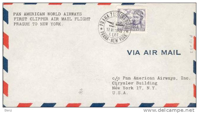 TCHECOSLOVAQUIE 1ER VOL PAR PANAM AIRWAYS CLIPPER PRAGUE NEW YORK 17 JUIN 1946 TB - Poste Aérienne
