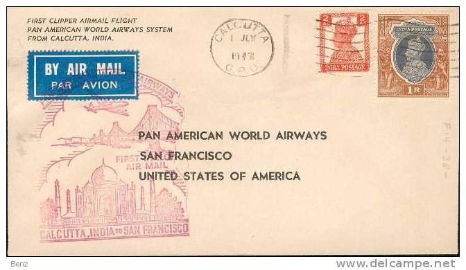 INDE INDIA 1ER VOL PANAM AIRWAYS PAR CLIPPER CALCUTTA A SAN FRANCISCO 1JUILLET 1947TB - Airmail