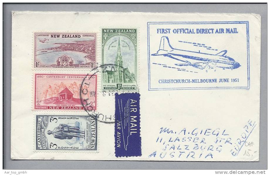 OZEANIEN Neuseeland 1951-06-26 Erstflug Christchurch-Melbourne - Autres & Non Classés