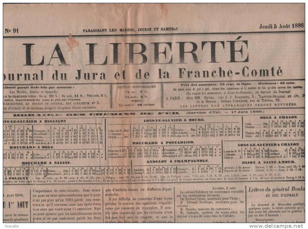 LA LIBERTE DU JURA 05 08 1886 LONS LE SAUNIER - ELECTIONS - GENERAL BOULANGER - PHYLLOXERA PERRIGNY - LYCEE - SAINT CYR - 1850 - 1899