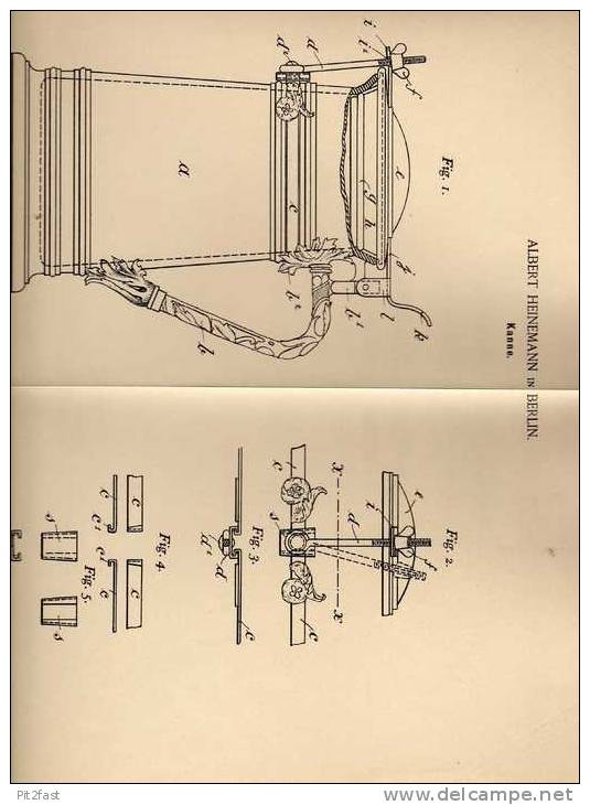 Original Patentschrift - Bierkrug , 1894 , Humpen , Krug , Karaffe , A. Heinemann In Berlin !!! - Glas & Kristall
