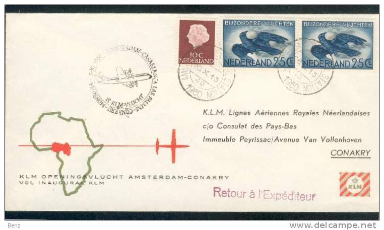 PAYS BAS 1ER VOL KLM AMSTERDAM CONAKRY 5 NOV 1960 TB - Poste Aérienne