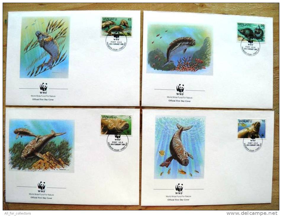 4 FDC Covers From Vanuatu,  WWF Panda Animals Fauna 1988, Dugong Marine Sea - Vanuatu (1980-...)