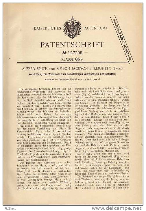 Original Patentschrift - A. Smith In Keighley , England , 1901 , Webstuhl , Weberei , Weben !!! - Tools