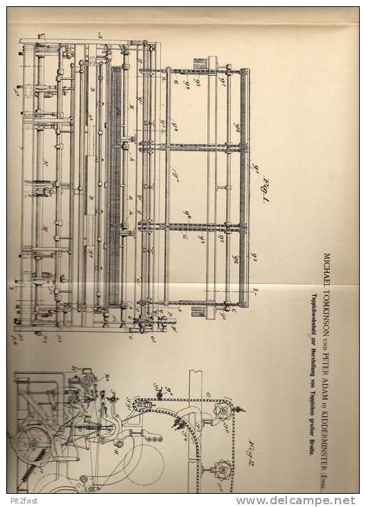 Original Patentschrift - P. Adam In Kidderminster , 1899 , Webstuhl Für Teppich , Weberei !!! - Tools