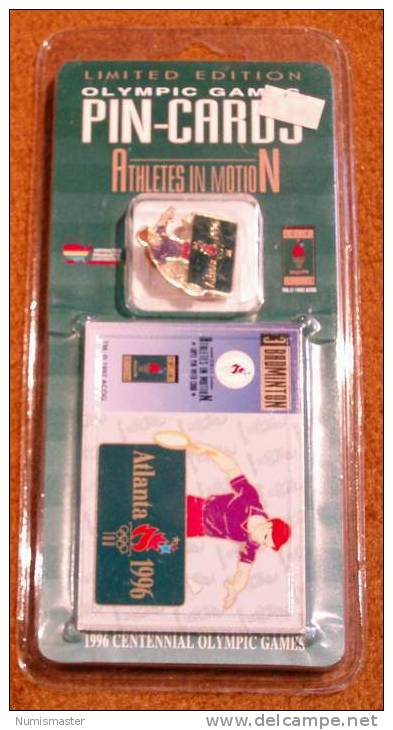 XXVI OLYMPIADE ATLANTA 1996 , BADMINTON, PIN + TRADING CARD IN THE ORIGINAL PACKAGING - Apparel, Souvenirs & Other