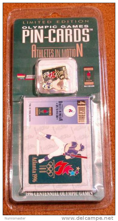 XXVI OLYMPIADE ATLANTA 1996 , BASEBALL, PIN + TRADING CARD IN THE ORIGINAL PACKAGING - Bekleidung, Souvenirs Und Sonstige