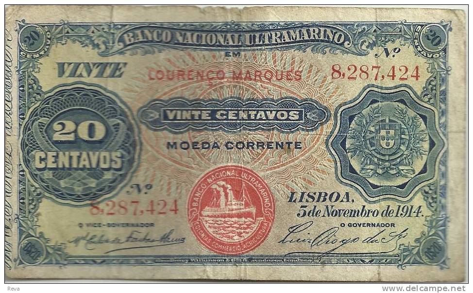 PORTUGUESE MOZAMBIQUE 20 CENTAVOS BLUE SHIP EMBLEM  FRONT SHIP WOMAN BACK  DATED 05-11-1914 AF P? READ DESCRIPTION!! - Mozambico