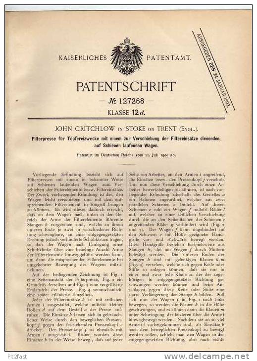Original Patentschrift - J. Chitchlow In Stoke On Trent , England , 1900 , Filterpresse Für Töpferei , Töpfer , Presse ! - Tools