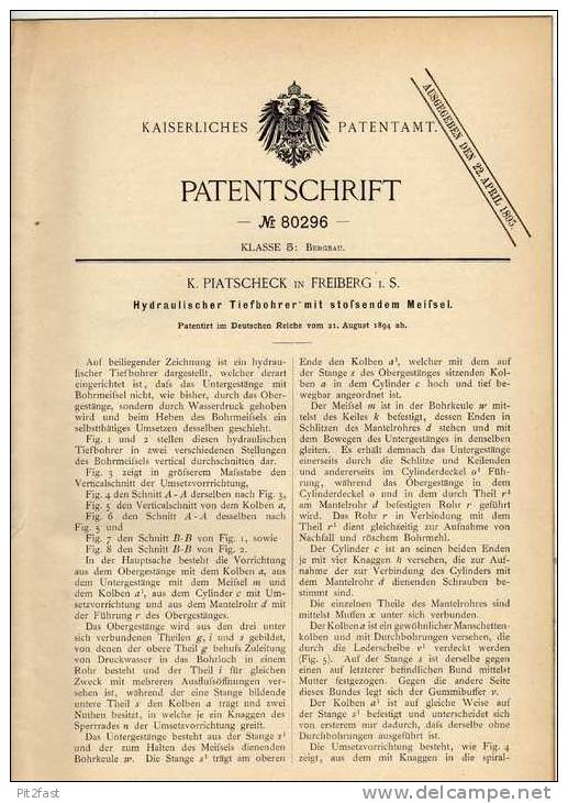 Original Patentschrift - K. Piatscheck In Freiberg I.S., 1894 , Tiefbohrer , Bergbau , Bergwerk !!! - Antike Werkzeuge