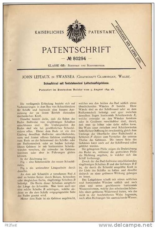 Original Patentschrift - J. Lefeaux In Swansea , Wales , 1894 , Schaufelrad Für Schiff , Dampfer !!! - Otros & Sin Clasificación