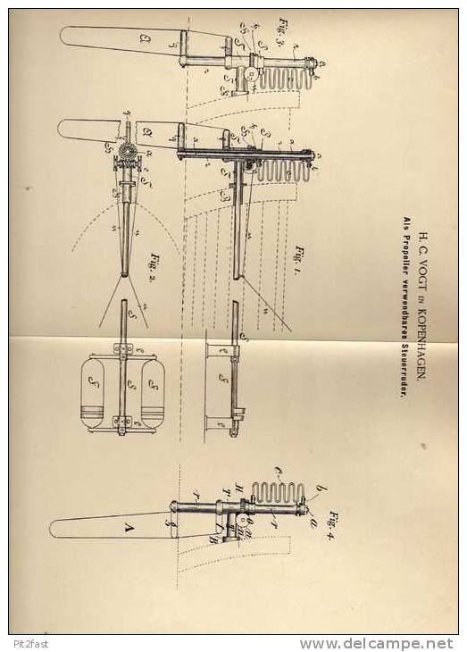 Original Patentschrift - H. Vogt In Kopenhagen , 1894 , Steuerruder Als Propeller !!! - Sonstige & Ohne Zuordnung