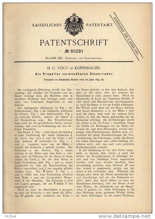 Original Patentschrift - H. Vogt In Kopenhagen , 1894 , Steuerruder Als Propeller !!! - Andere & Zonder Classificatie