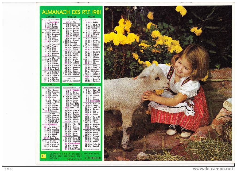 Almanach Des PTT 1981  "Petite Fille Et Mouton / Petite Fille Et Lapin"  OBERTHUR - Grand Format : 1981-90