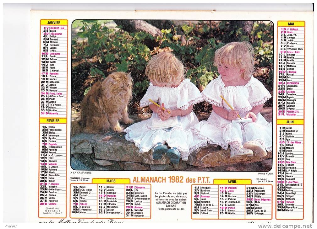 Almanach Des PTT 1982  "A La Campagne / Les 3 Cavaliers" Soeurs Jumelles Et Chat, Enfants, âne, Oies, JEAN LAVIGNE - Grand Format : 1981-90