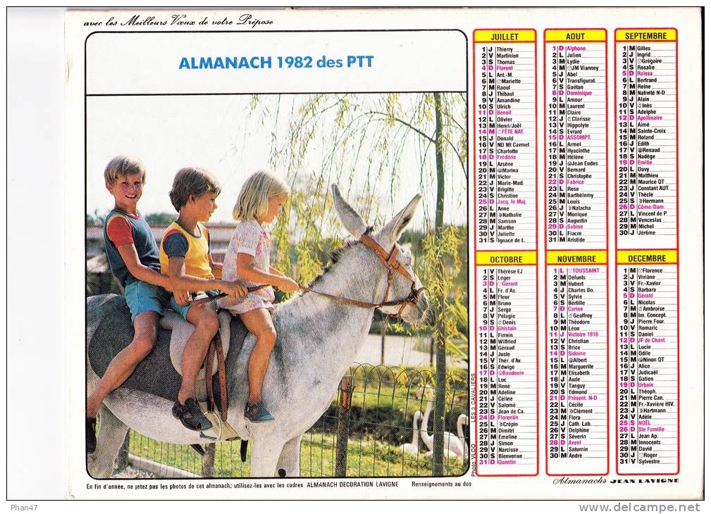 Almanach Des PTT 1982  "A La Campagne / Les 3 Cavaliers" Soeurs Jumelles Et Chat, Enfants, âne, Oies, JEAN LAVIGNE - Groot Formaat: 1981-90