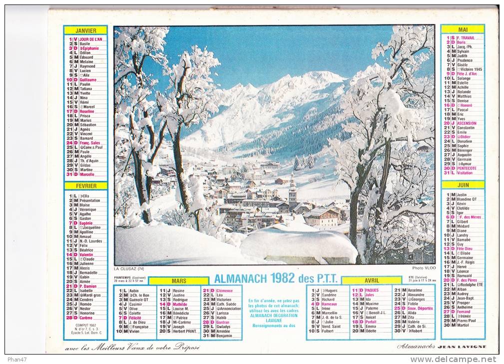 Almanach Des PTT 1982  "La Clusaz (74) / Chalet Fleuri" Village, Neige, Montagne, Balcons JEAN LAVIGNE - Big : 1981-90