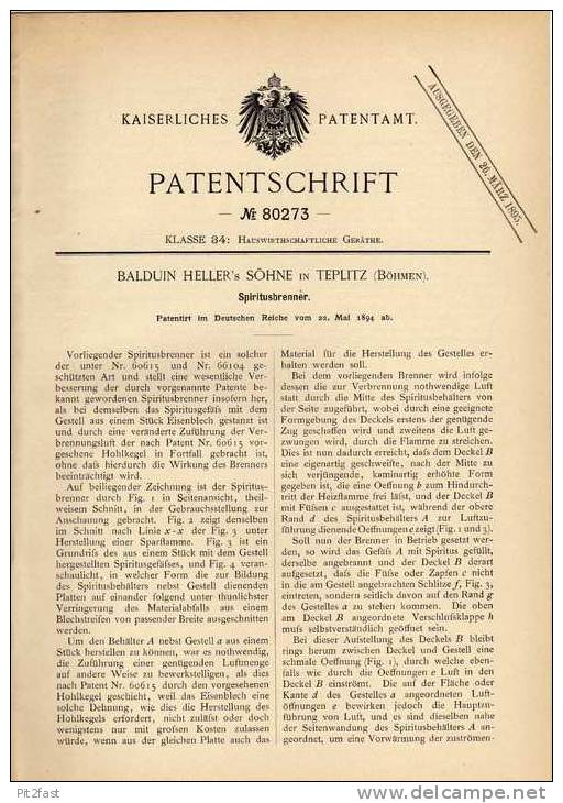 Original Patentschrift - B. Heller In Teplitz , Böhmen , 1894 , Spiritusbrenner !!! - Luminaires & Lustres