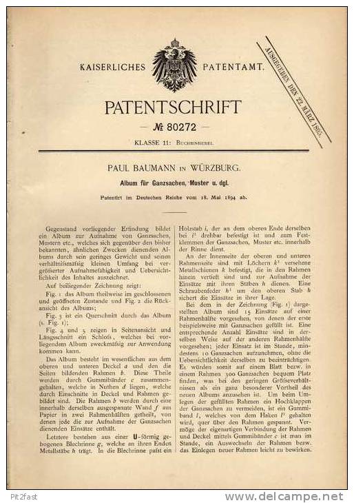 Original Patentschrift - P. Baumann In Würzburg , 1894 , Album Für Ganzsachen , Sammlung  !!! - Other & Unclassified