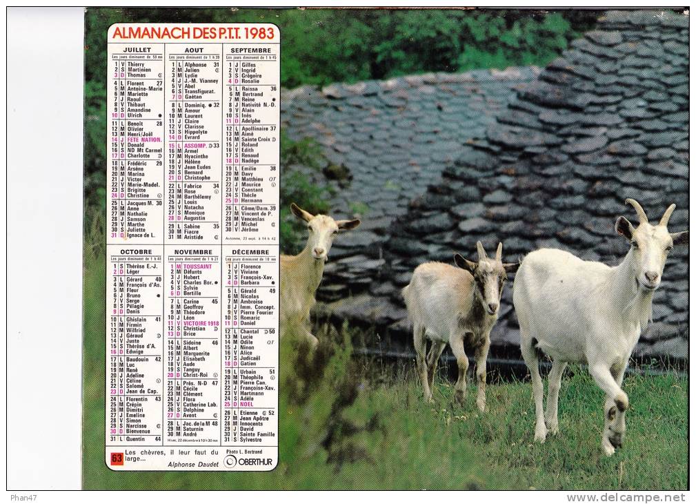 Almanach Des PTT 1983  "chien-loup / Chèvres" Vayres (85), Meillant (18), Liettes (62) La Garde Guérin (48) OBERTHUR - Big : 1981-90