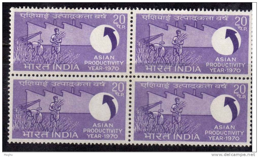India MH No Gum 1970 Block Of 4, Asian Proctivity Year, Industry, Agriculture, Farmer, - Blokken & Velletjes