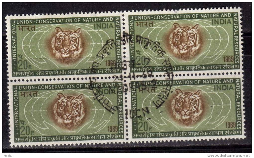 India MH 1969 / Block Of 4, First Day Postmark, Tiger &amp; Globe, Nature &amp; Natural Resourses, - Blocchi & Foglietti