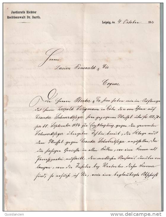 Lettre Recto Verso  04/10/1884  -  LEIPZIG  -  JUSTIZRATH  RICHTER -   Rechtsanwalt  Dr   BARTH - Otros & Sin Clasificación