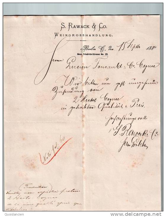 Lettre 15/09/1884  -  BERLIN  -  S.  RAWACK  Pour  L.  FOUCAULT - Sonstige & Ohne Zuordnung