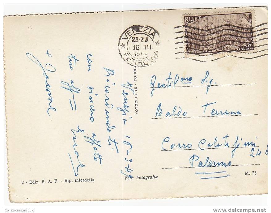 $3-2131- Risorgimento Lire 8 Isolato Su Cartolina Illustrata 16/03/1949 - 1946-60: Storia Postale