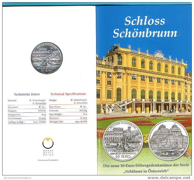 AUSTRIA 10 EUROs PLATA/SILVER S/C  UNC  En Cartera SCHLOSS SCHÖNBRUNN  DL-111 - Oesterreich